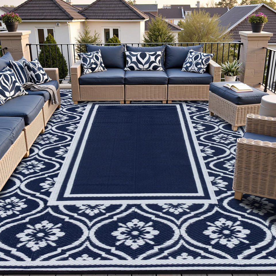 HUGEAR RV outdoor rug 9x12 blue on a deck, durable outdoor versatility