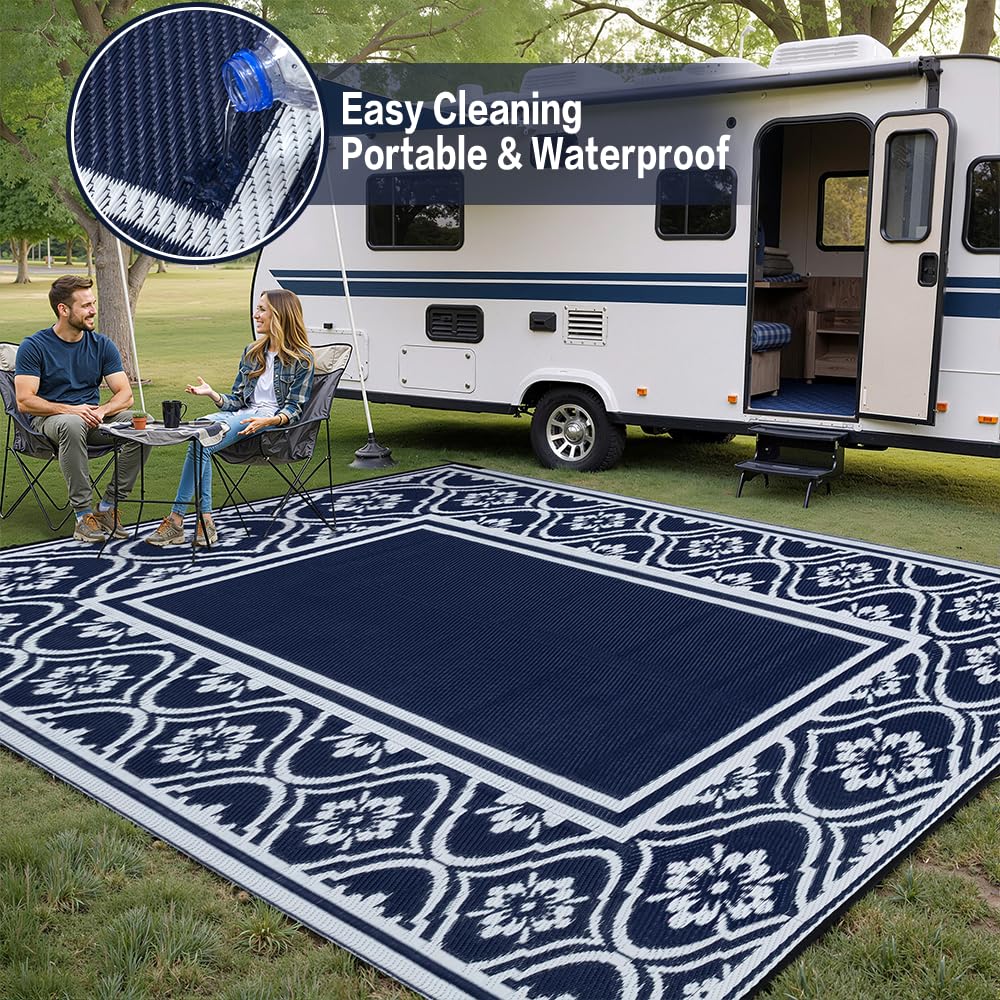 HUGEAR blue outdoor rug with UV protection, color stays vibrant