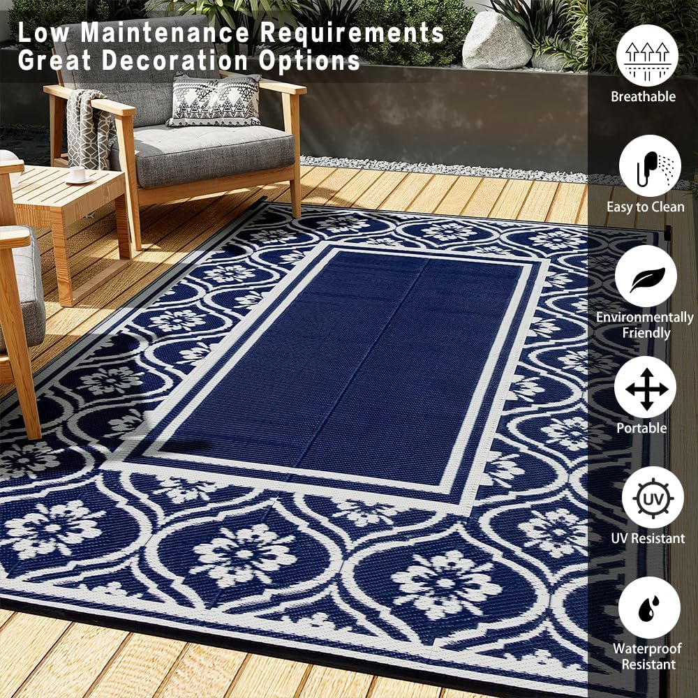 HUGEAR UV-stabilized polypropylene rug resists fading for year-round outdoor use.