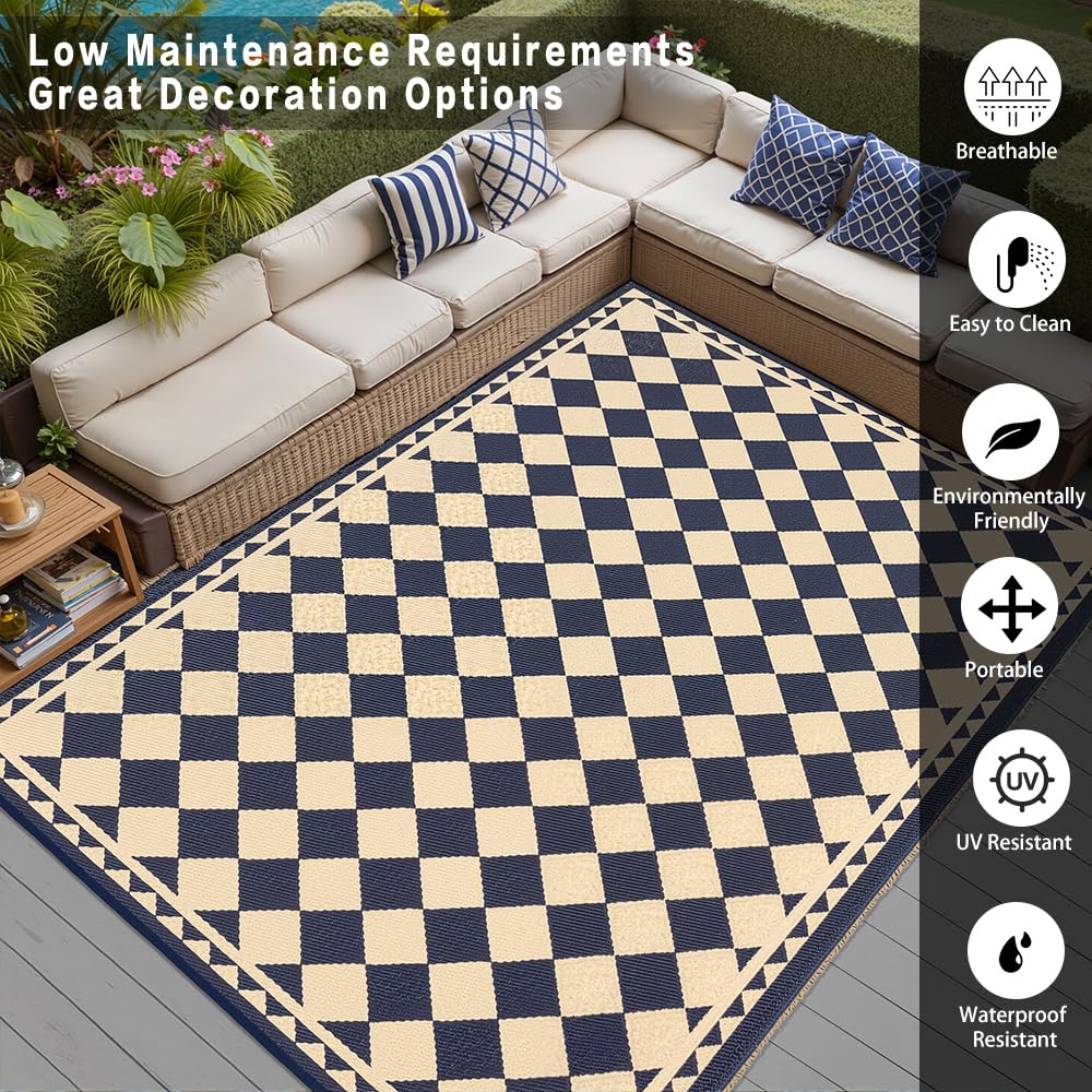 HUGEAR UV-resistant rug in beige-plaid preserves color under sun.