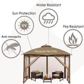 Hugline khaki gazebo netting shown resisting wind with insect protection.