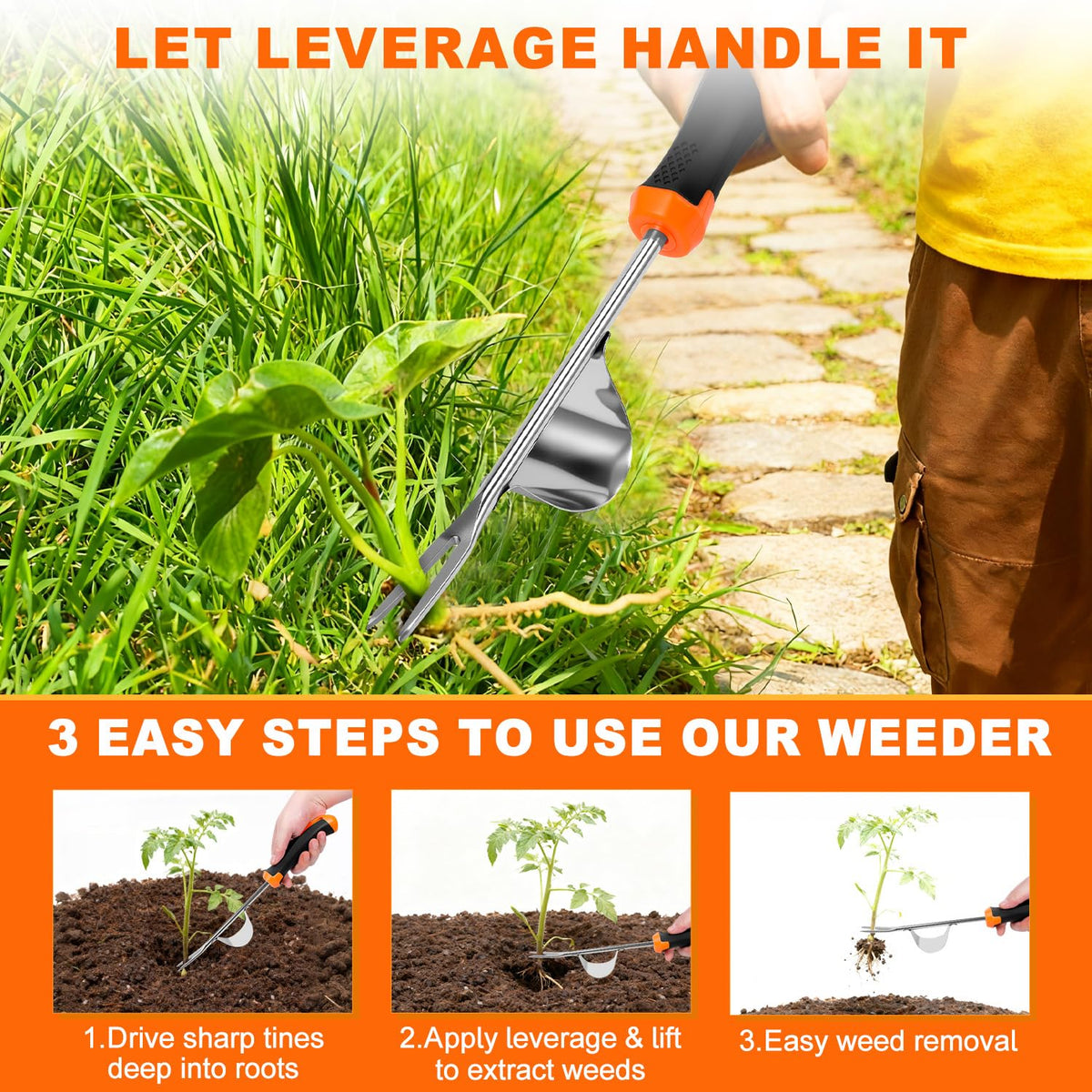 HUGOMOVA ergonomic rubber handle provides comfortable grip during long weeding sessions