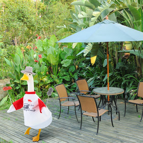 Huhumy barbecue goose outfit on statue creates cheerful outdoor ambiance.