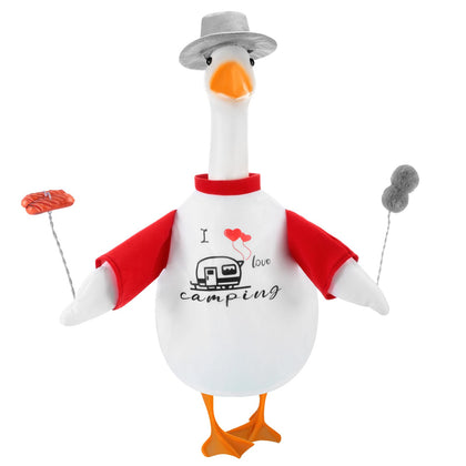 Huhumy barbecue goose outfit on yard statue adds vibrant curb appeal.