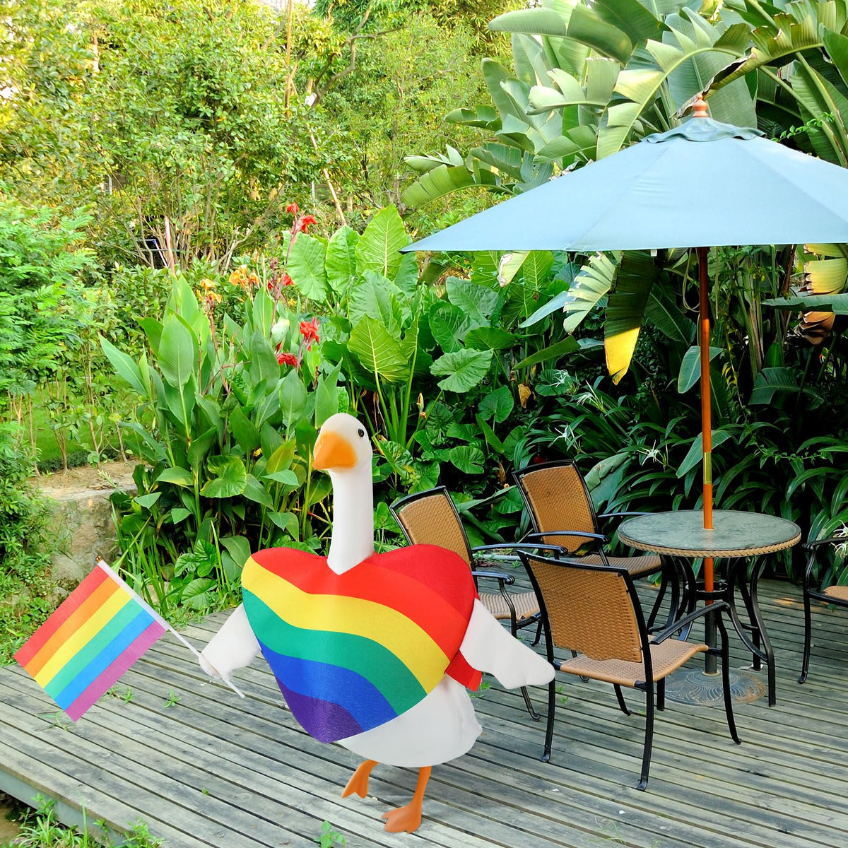 Huhumy Rainbow Goose Costume suitable for outdoor yard displays.