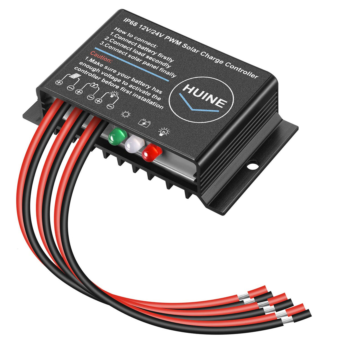 HUINE 20A solar controller front view showing rugged IP68 outdoor readiness.