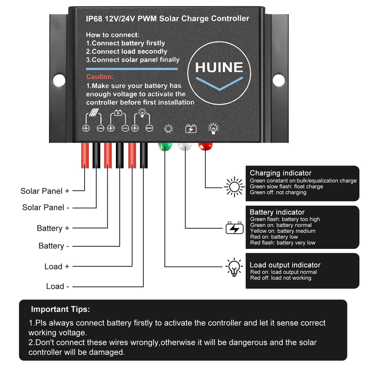 HUINE IP68 waterproof solar controller side view for outdoor mounting.