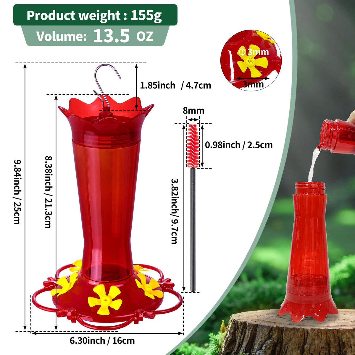 Huispark hummingbird feeder with ant moat at the top to deter insects outdoors.