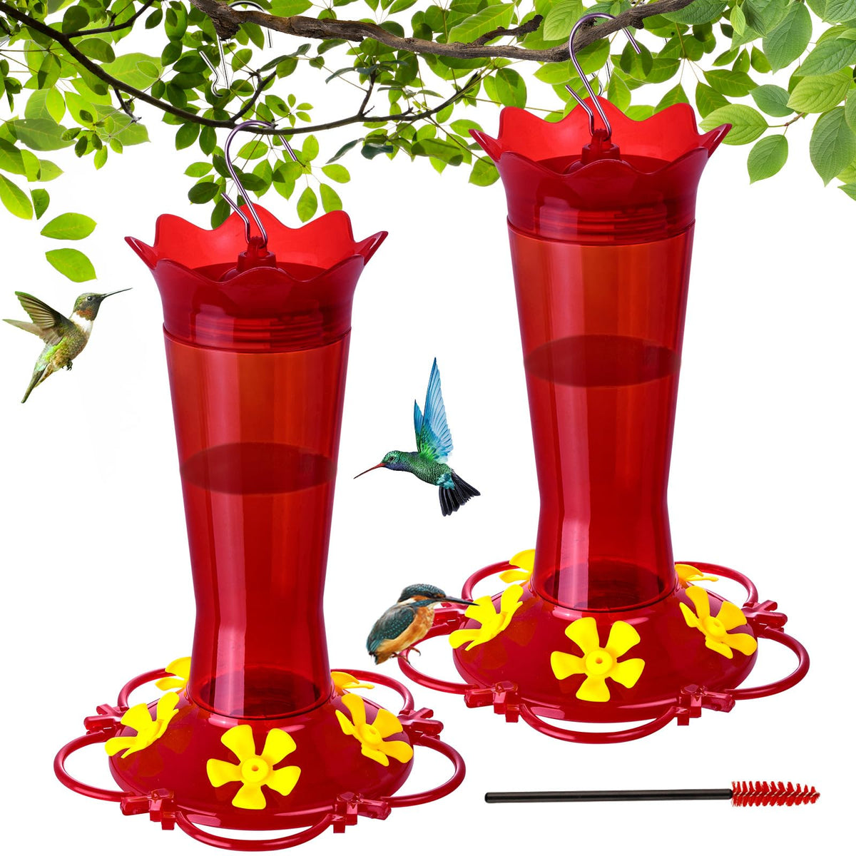 Huispark hummingbird feeder assembly with wide-mouth bottle for easy cleaning and refilling.