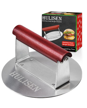 HULISEN burger press with extra-wide wooden handle for secure, burn-free smashing.