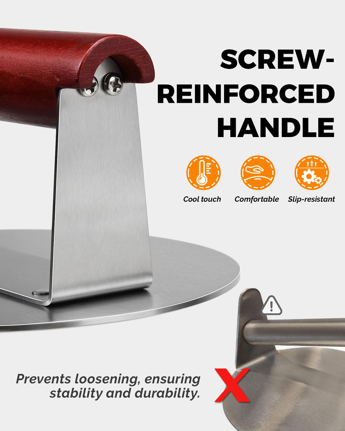 HULISEN press demonstrates double-screw reinforced handle for stability during smashing.