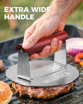 HULISEN burger press shows a flat-edge stainless steel base for easy patty release.