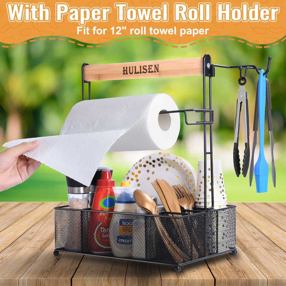 HULISEN Grill Caddy heavy-duty steel bottom sturdy in windy setups.