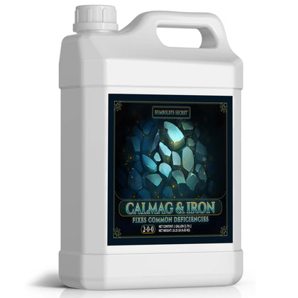 Humboldts Secret CalMag & Iron bottle label highlights a balanced nutrient blend for robust growth.