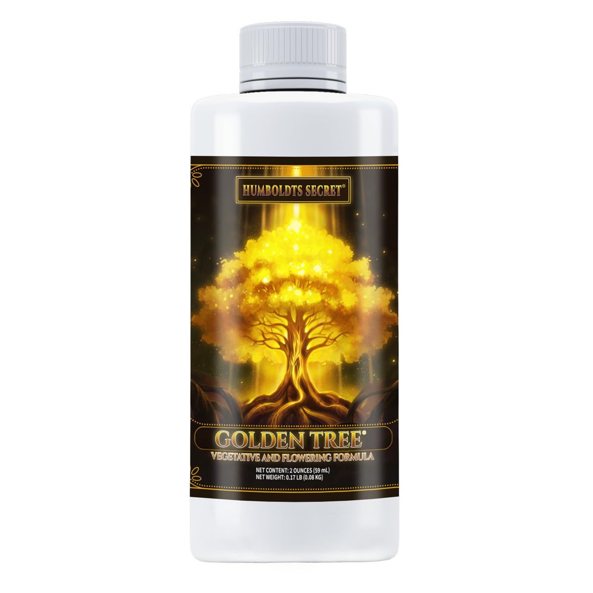 Humboldts Secret Golden Tree bottle front showing all-in-one plant food for thriving gardens