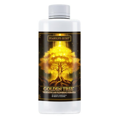 Humboldts Secret Golden Tree bottle front showing all-in-one plant food for thriving gardens