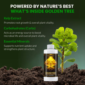 Bottle pouring action with Golden Tree demonstrates easy mixing for garden use.
