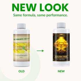 Golden Tree label closeup highlights compact nutrient blend for thriving plants.