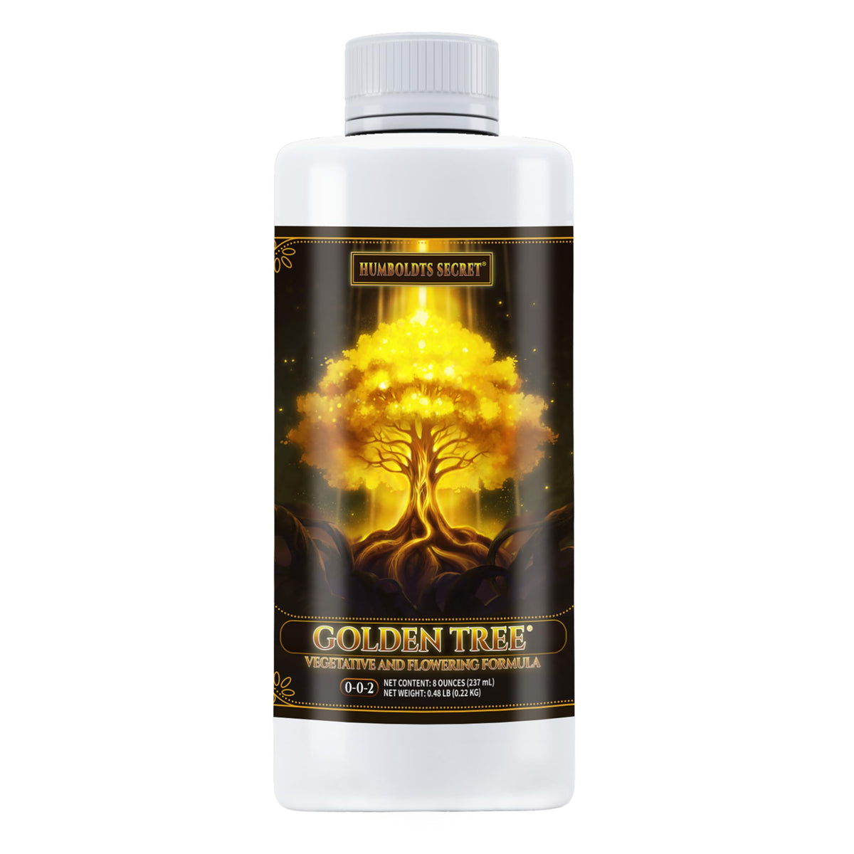 Humboldts Secret Golden Tree bottle ready for indoor and outdoor feeding to boost plant health.