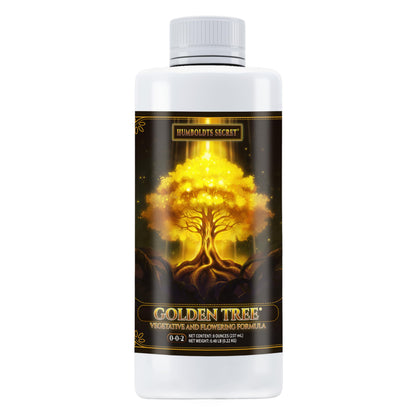 Humboldts Secret Golden Tree bottle ready for indoor and outdoor feeding to boost plant health.