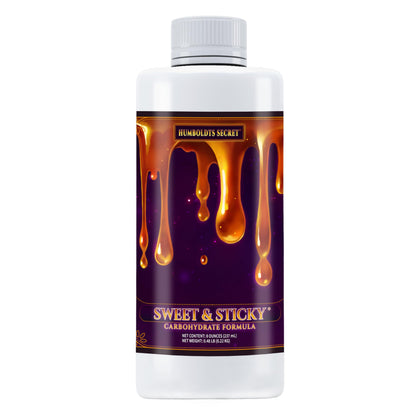 Humboldts Secret Sweet & Sticky bottle pour demonstrates fast-acting energy for plant growth.