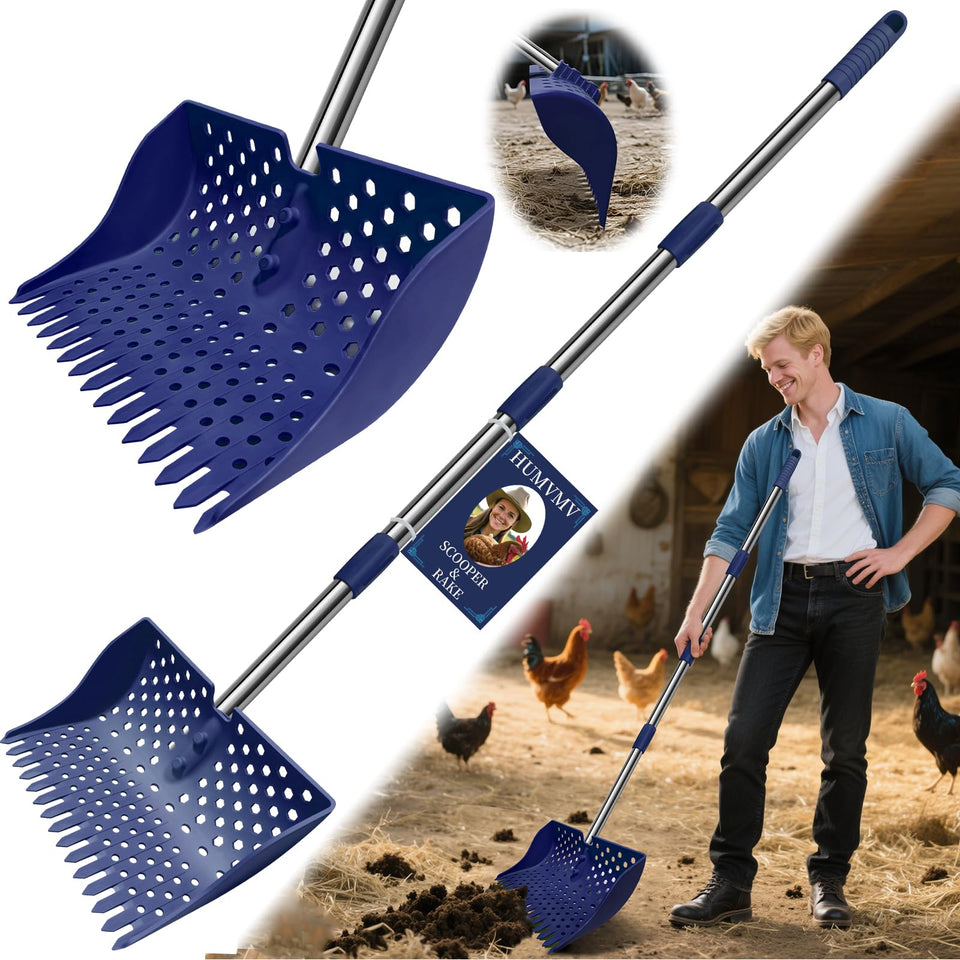 HUMVMV 12-inch 2-in-1 scooper and rake with multi-hole sifting for faster coop cleanup