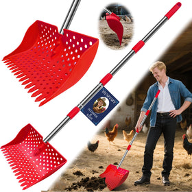 HUMVMV 12-inch two-in-one scooper and rake in red for efficient coop cleaning.