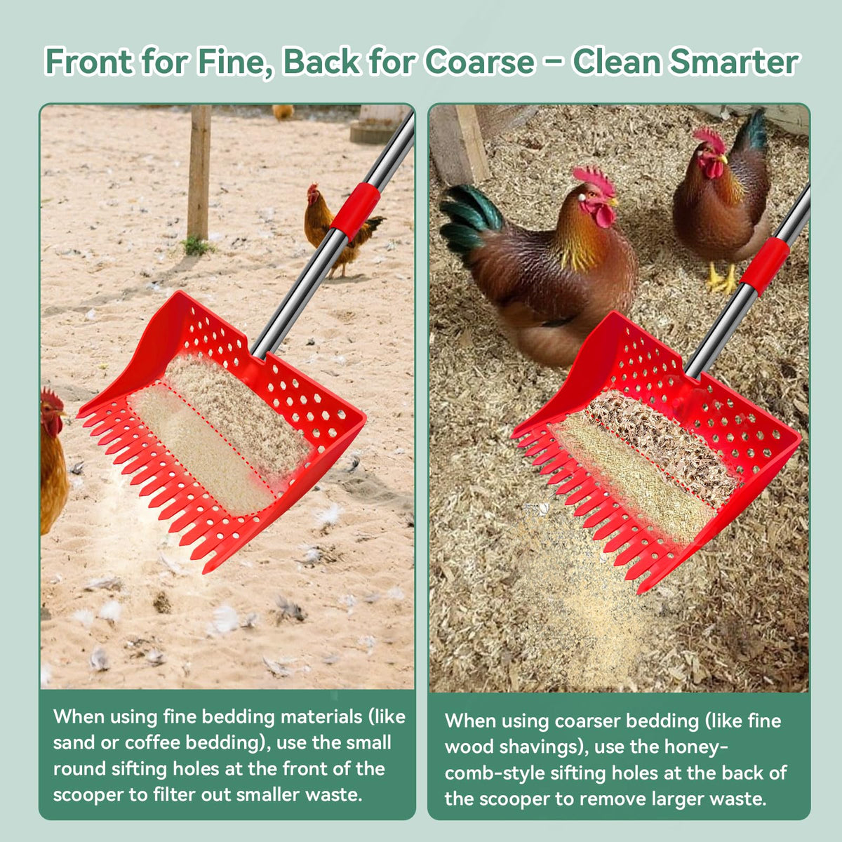 HUMVMV rake teeth gather debris swiftly for fast coop maintenance.