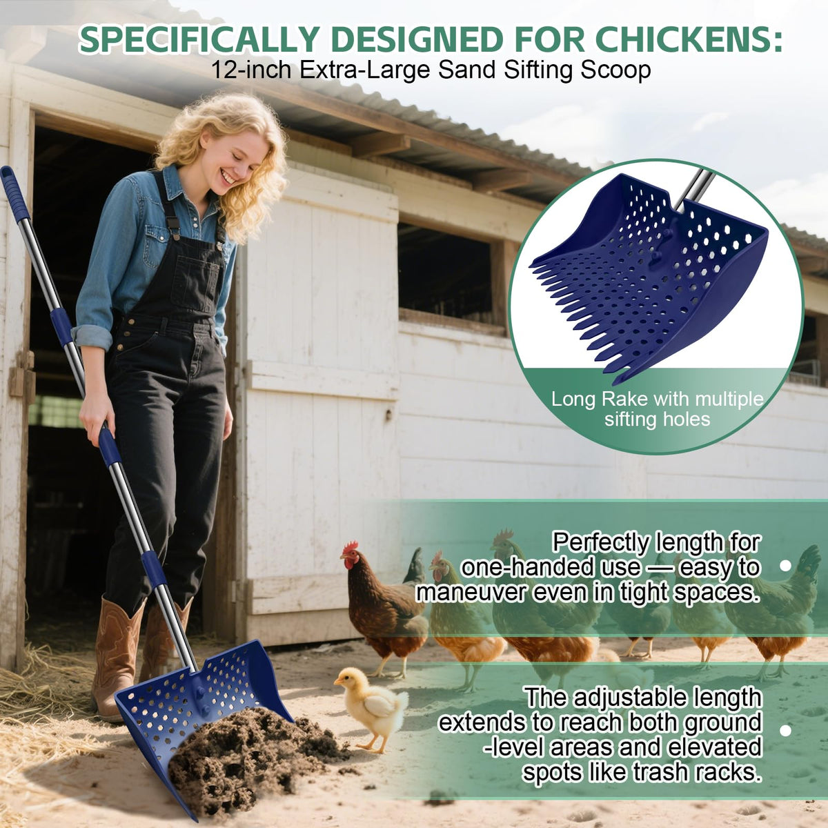 HUMVMV adjustable 20-inch handle for comfortable coop cleaning