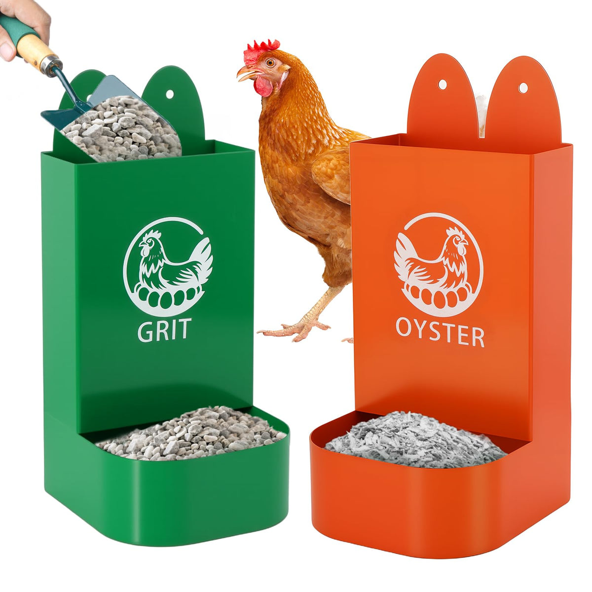 HUMVMV US patent pending 2-pack oyster shell feeder for hens with steady calcium supply.