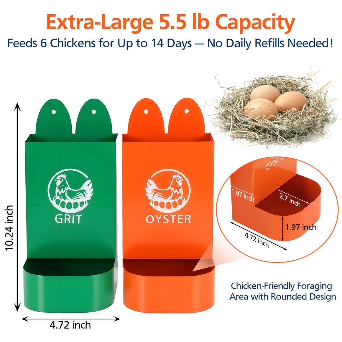 HUMVMV weather-ready galvanized steel feeder shown in outdoor coop conditions.