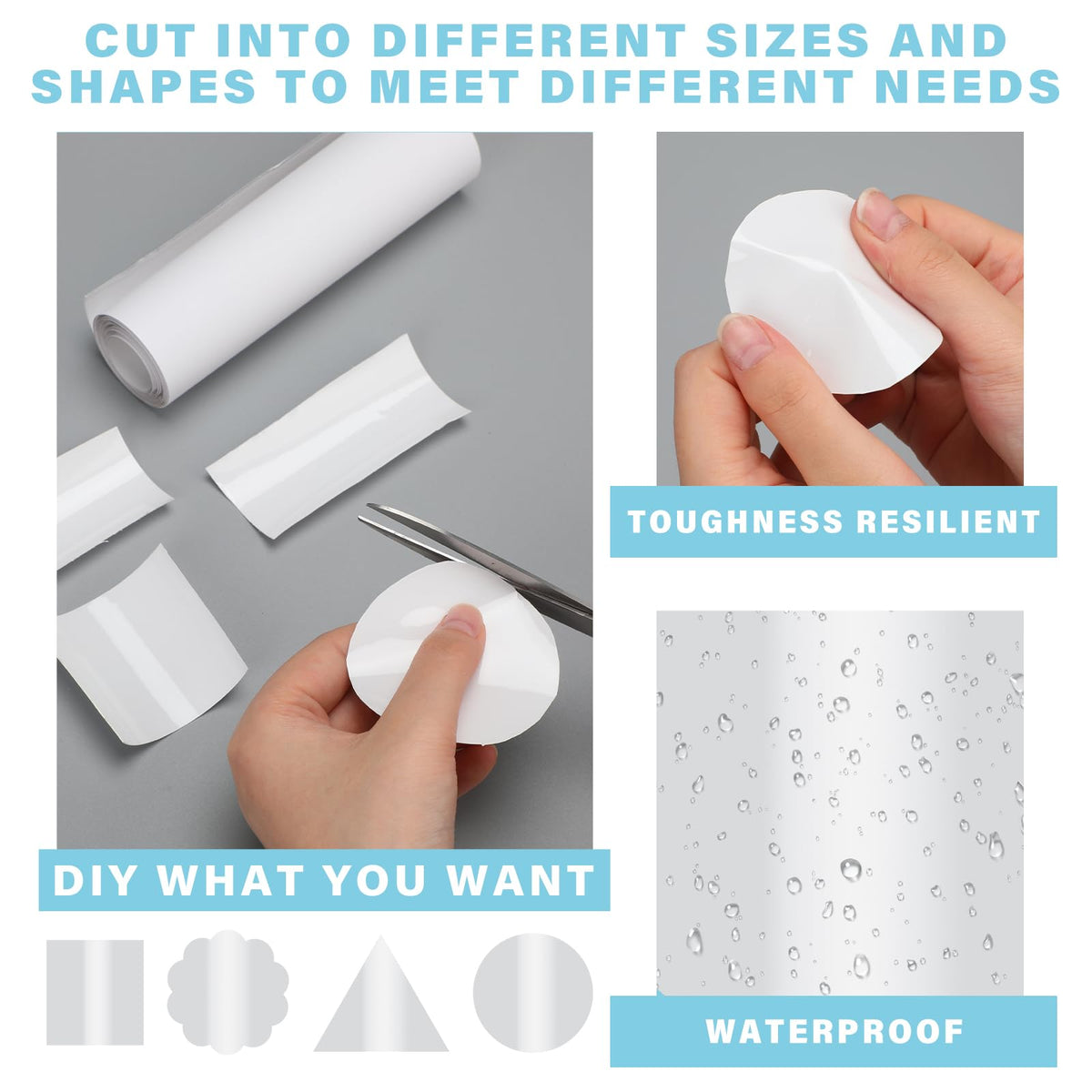 Flat lay of Hungdao TPU tape, cleaner, and scissors for easy repairs.