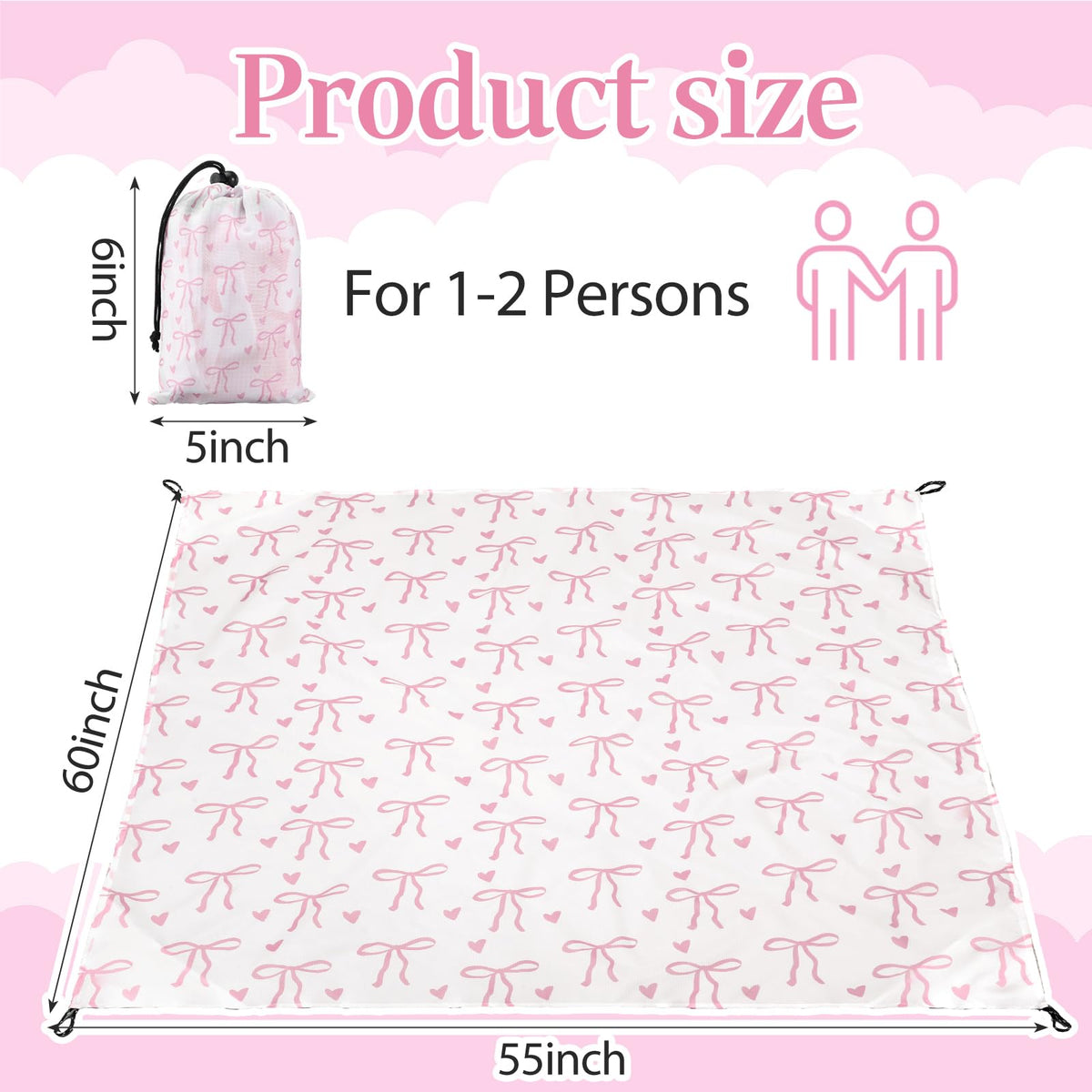 HunnmingRe pink bow beach mat close-up shows waterproof fabric that resists spills.