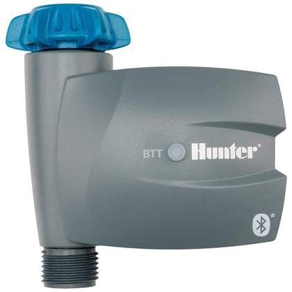 Hunter BTT timer attached to outdoor faucet for convenient app-controlled watering