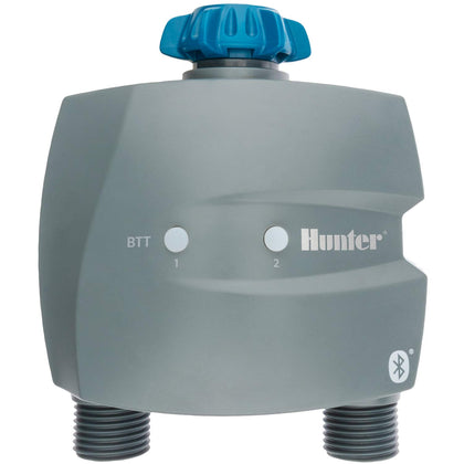 Hunter BTT timer with two-zone connection on an outdoor tap for separate lawn and garden watering.