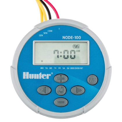 Hunter Node-100-LS battery timer mounted on a valve for drip irrigation.
