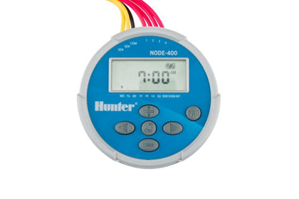 Hunter NODE-400 battery-powered sprinkler timer enables remote-zone irrigation control.