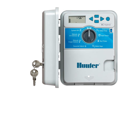 Hunter XC-600 battery powered irrigation controller mounted on wall for off-grid watering