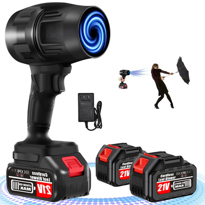HUOJYDOWDL cordless leaf blower with dual battery pack in use for yard cleanup.