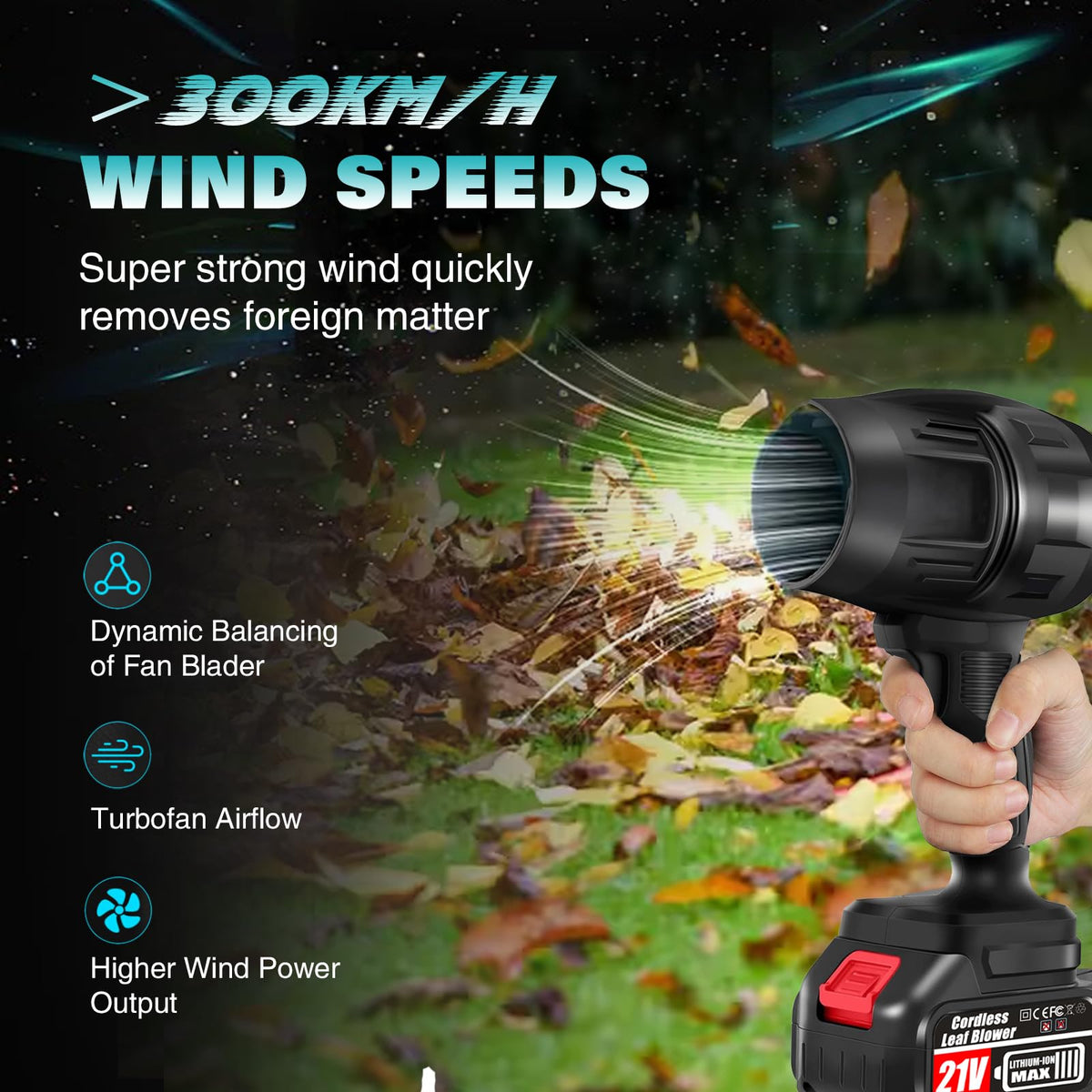 HUOJYDOWDL cordless leaf blower high-speed motor in action clearing leaves.