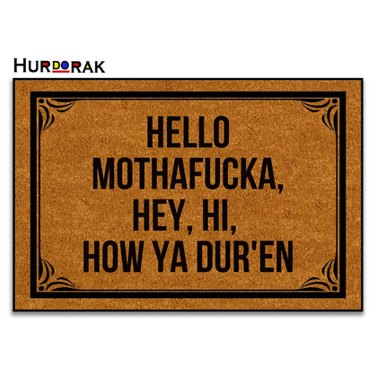Hurdorak Hello Mothafucka doormat close-up of felt surface absorbing moisture.