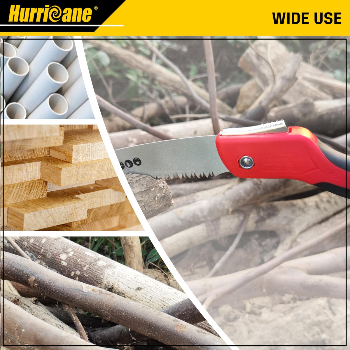 Hurricane 10in folding saw in use pruning branches in a garden