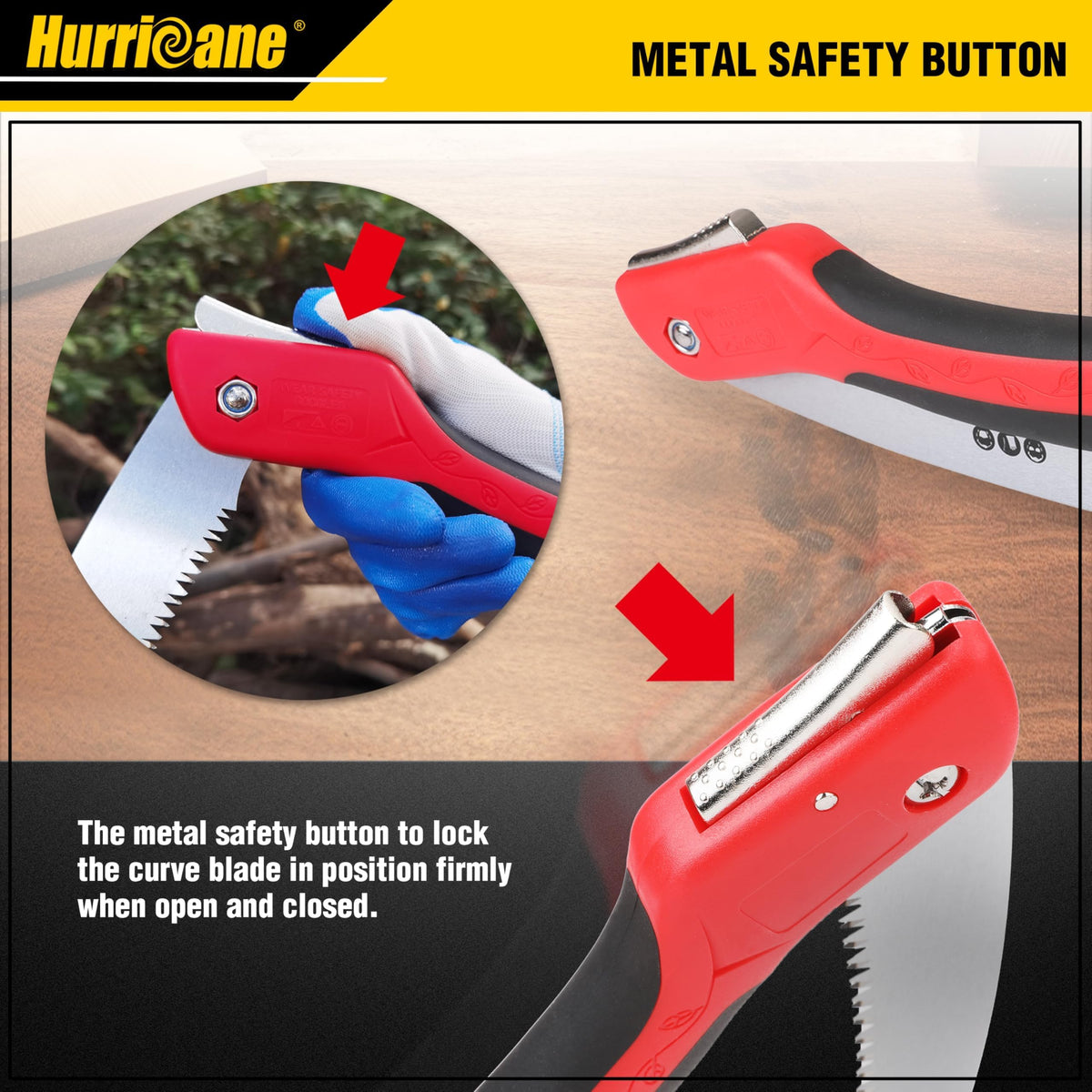 Hurricane 10in folding saw safety lock securing blade during transport