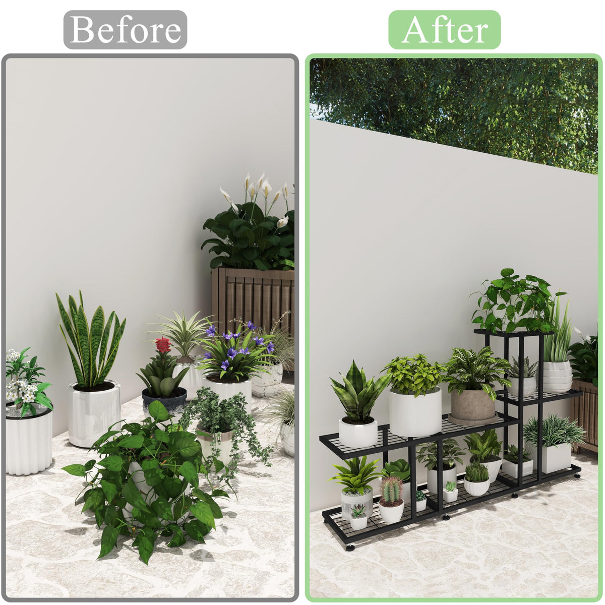 HusDream 7-tier plant display in living room emphasizing versatile pot arrangement