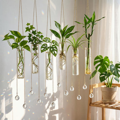 Hushee hanging propagation stations with crystal suncatcher for stylish home greenery and light diffusion