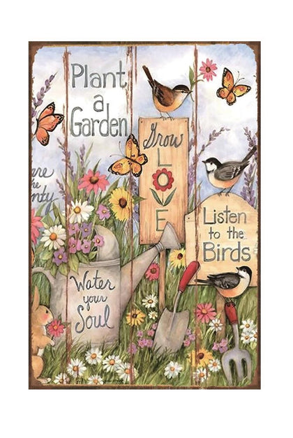 Husienzn funny flowers birds metal sign adds playful curb appeal to outdoor walls.