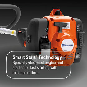 Husqvarna 122C 17-inch cutting width covers more lawn per pass.
