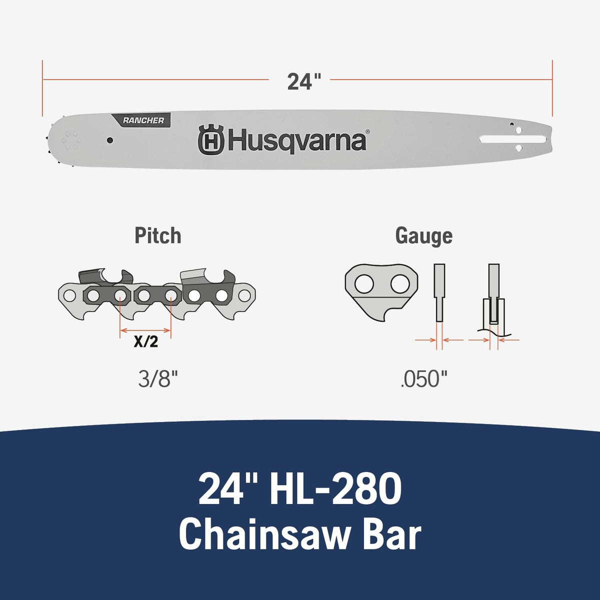 Husqvarna 3-8 pitch .050 gauge bar with 84 drive links for smooth operation.
