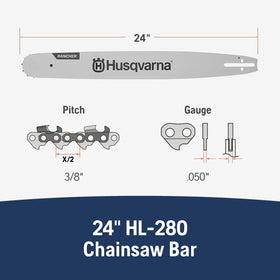 Husqvarna 3-8 pitch .050 gauge bar with 84 drive links for smooth operation.