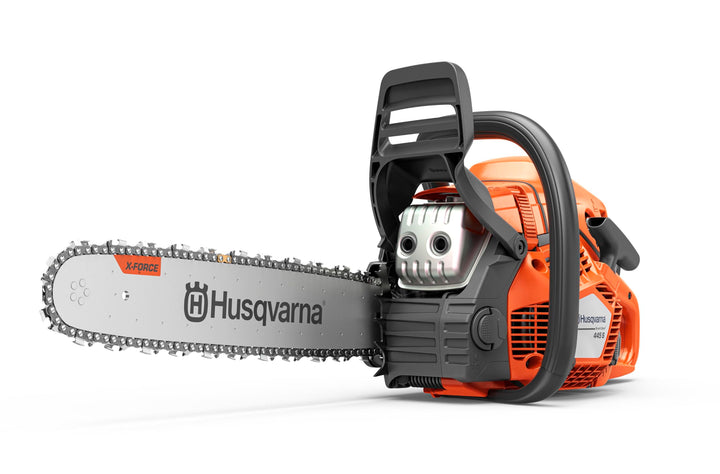 Husqvarna 445S 18-inch chainsaw ready for powerful log cutting in the yard